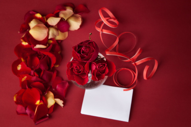 Bouquet of red roses with white cards and rose petals on a red background - Фото, зображення
