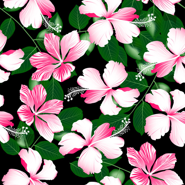 Variegated pink tropical hibiscus flowers seamless pattern - Vector, Image