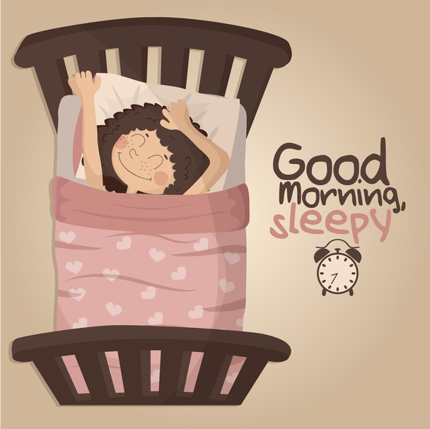 ピンクの毛布とベッドの上で寝ている黒い髪のかわいい笑顔の女の子 - ベクター画像