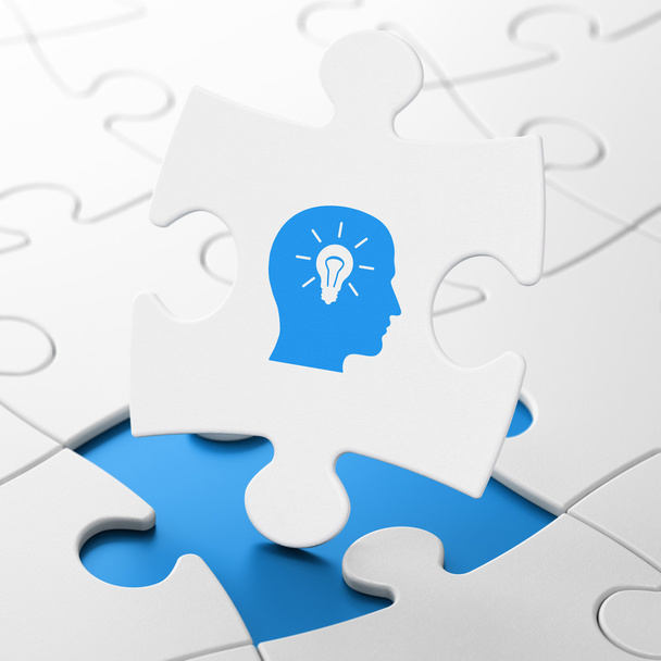 Learning concept: Head With Light Bulb on puzzle background - Fotoğraf, Görsel