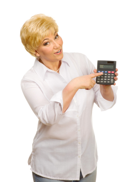Senior woman with calculator - Фото, изображение