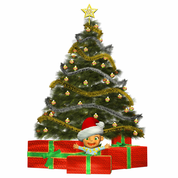 μωρό κινουμένων σχεδίων με το χριστουγεννιάτικο δέντρο και δώρα - Φωτογραφία, εικόνα