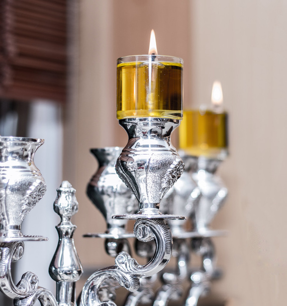 silver Menorah Hanukkah With olive oil - Photo, Image