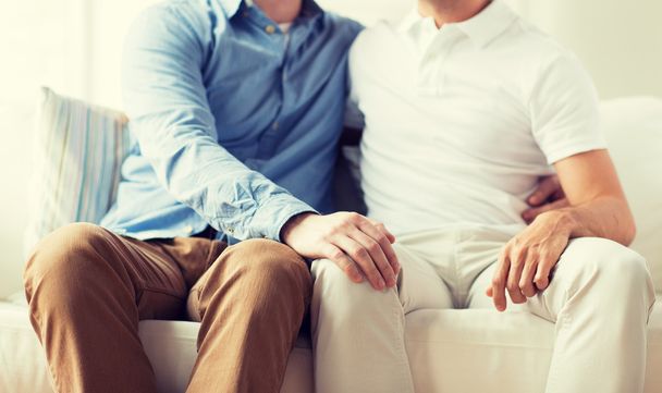 close up of happy male gay couple hugging at home - 写真・画像