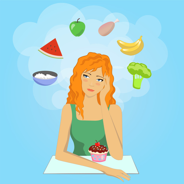 Girl decides to start a diet. Want eat healthy food. - Vecteur, image
