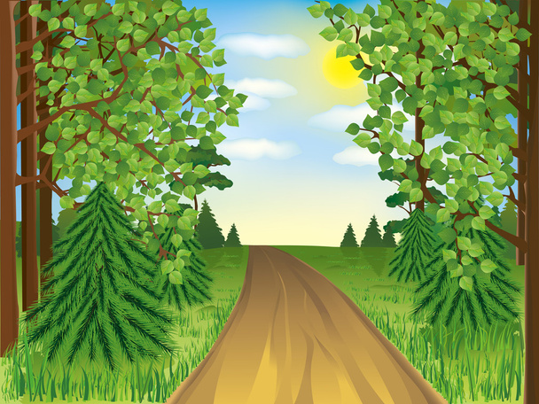 Реалистичный пейзаж - весенний или летний лес
 - Вектор,изображение