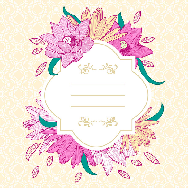 Ronde witte frame met roze lotus en lily bloemen. - Vector, afbeelding