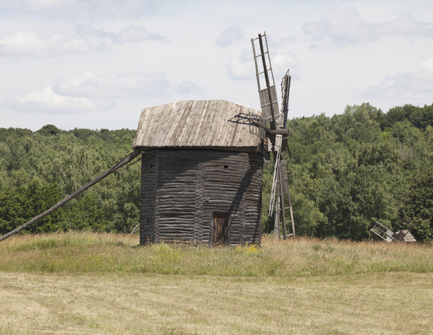Историческая ветряная мельница на зеленом лесу
 - Фото, изображение