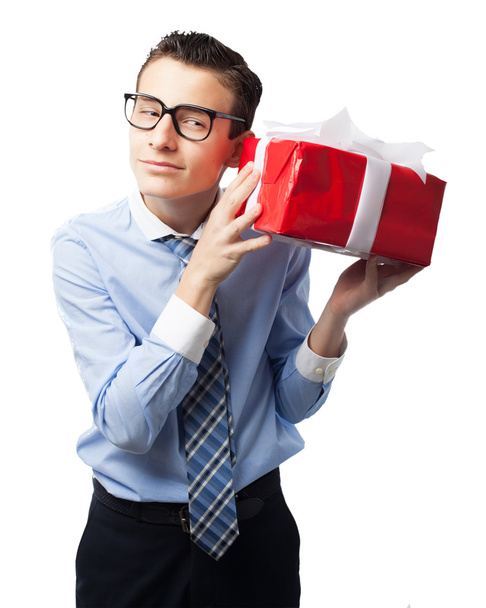 happy businessman with gift - 写真・画像