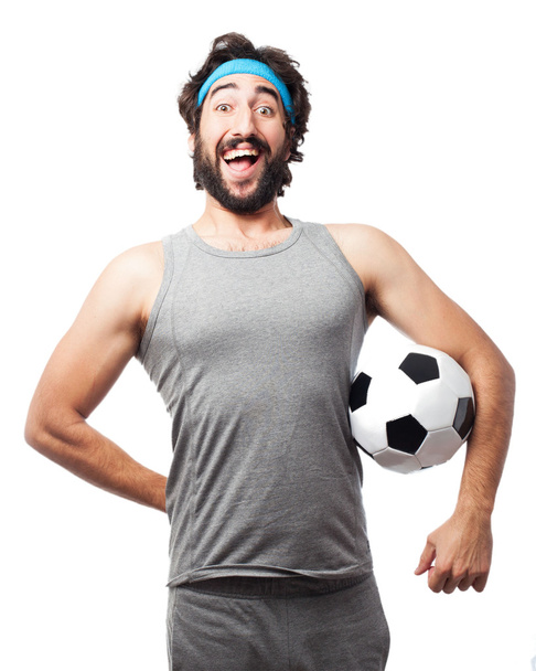 happy sport man with soccer ball - 写真・画像
