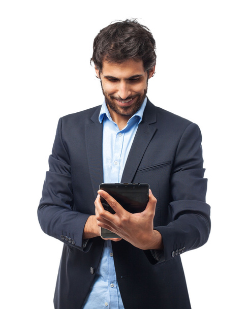 happy businessman with touching screen - Foto, afbeelding