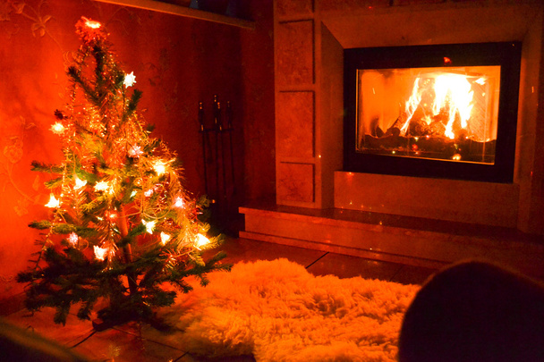 Christmas living room with a fire place - Photo, Image