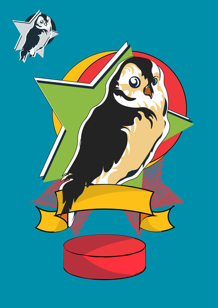 Pássaro de coruja de desenho animado estilizado. penas castanhas e amarelas, incluindo a segunda variante com pássaro incolor no estilo esboço
 - Vetor, Imagem