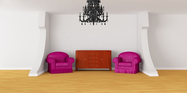 Habitación con sillas, escritorio y lámpara de araña negra
 - Foto, Imagen
