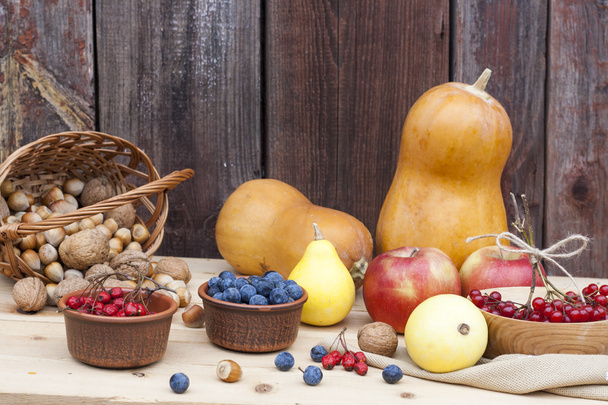 Autumn still life with pumpkins and autumn berry and vegetables on old wooden background, closeup, selective focus - Photo, Image