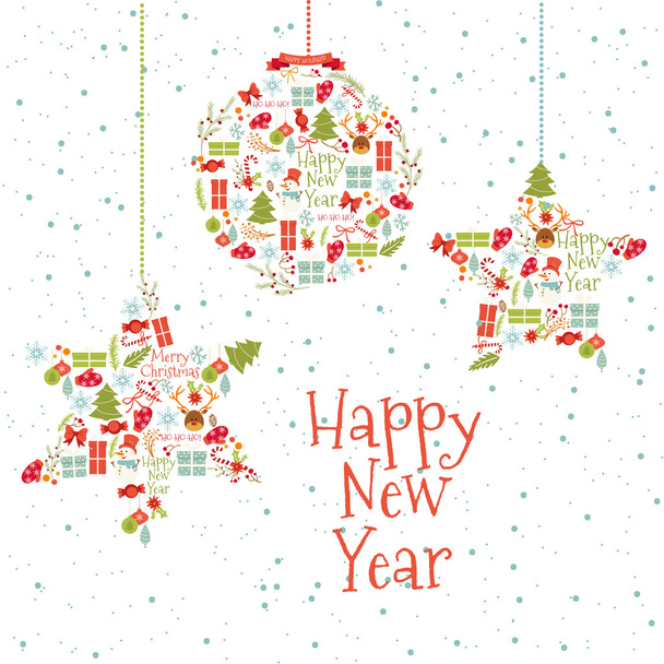 Vintage Merry Christmas And Happy New Year greeting card - Vector, Imagen