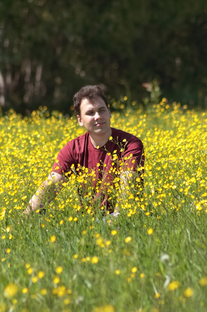 Mutlu genç adam çayır, yaz da, sarı çiçekler arasında oturur - Fotoğraf, Görsel