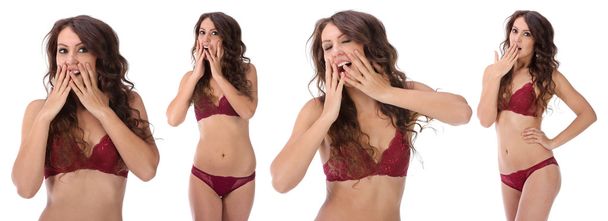 Woman covering her mouth and laughing isolated - Photo, image