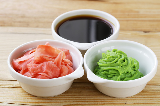 Japanese wasabi sauce, soy sauce and pickled ginger - Photo, Image