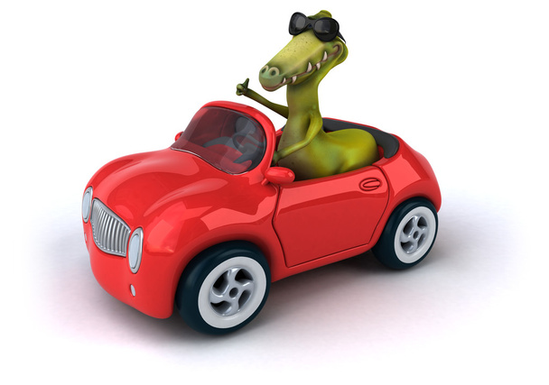 Funny dinosaur in car - Foto, imagen