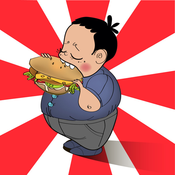 ハンバーガーを食べて太った少年. - ベクター画像