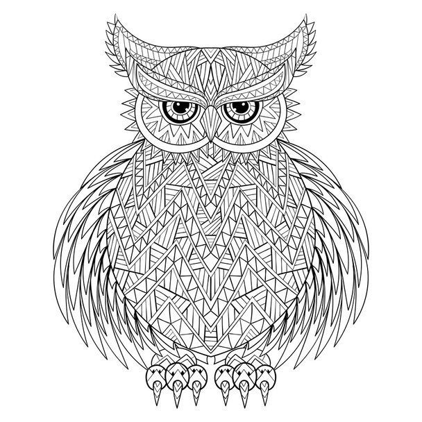 Ручной рисунок Zentangle Owl, птичий тотем для взрослых
 - Вектор,изображение