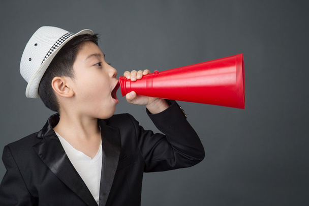 Little asian boy using megaphone shouting - Photo, Image