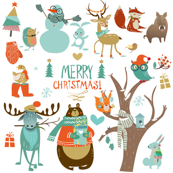 christmas  with wild animals - Vector, Image