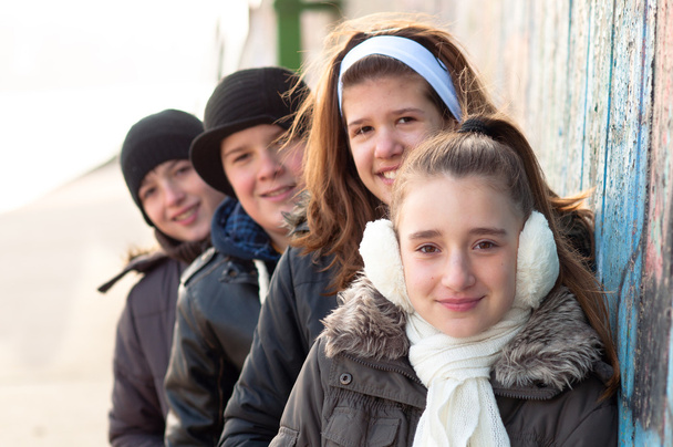 Amigos adolescentes disfrutando de la compañía de los demás en el frío día de invierno
 - Foto, Imagen
