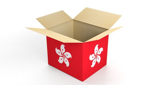 Kartonnen doos met Hong Kong nationale vlag, geïsoleerd op witte achtergrond. - Foto, afbeelding