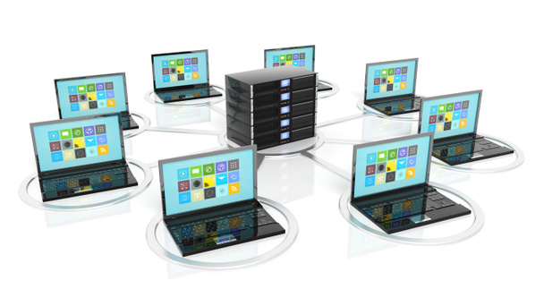Icono de rack del servidor con ordenadores portátiles a su alrededor, aislado sobre fondo blanco
 - Foto, imagen