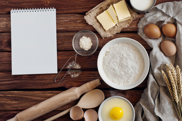 Kitchen notebook with blank pages with ingredients for baking - Foto, Imagem