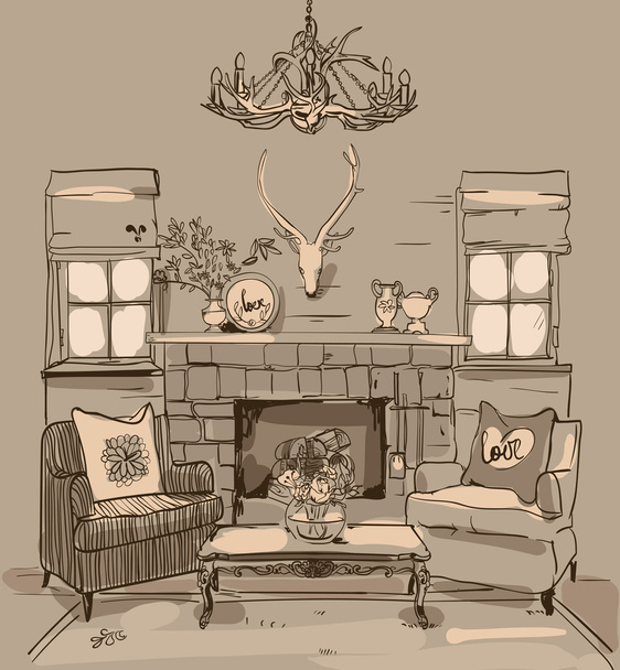 Illustration mit Kamin und Sesseln - Vektor, Bild