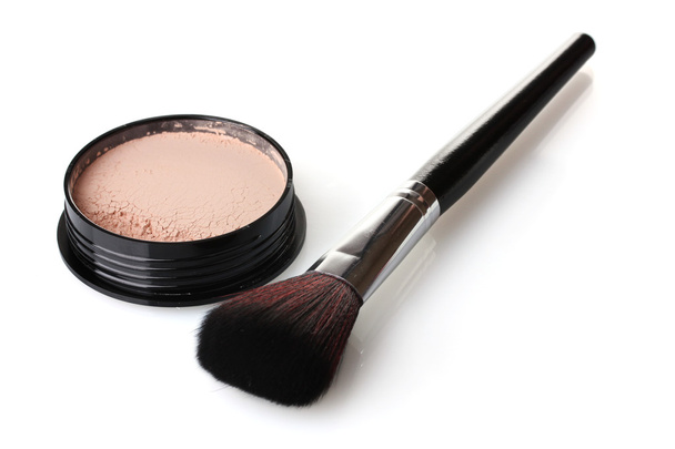 Closeup of face powder and brush isolated on white - 写真・画像