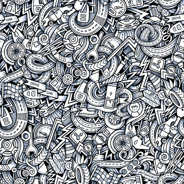Cartoon handgetekende doodles auto stijl thema naadloze patroon - Vector, afbeelding