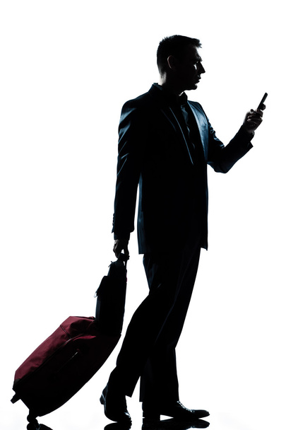 Business traveler man walking with telephone and suitcase - Zdjęcie, obraz