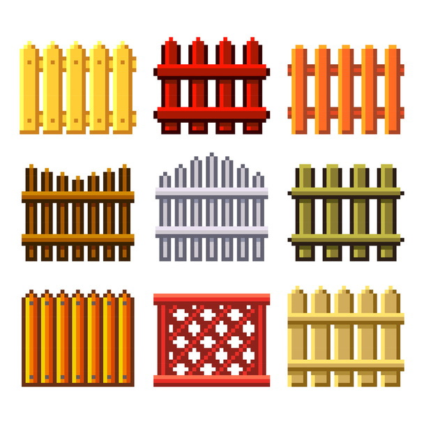 Pixel fences for games icons vector set - Vector, Image