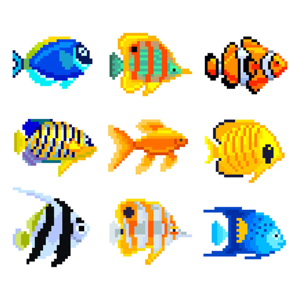 Pixel exotických ryb pro vektorové ikony hry sada - Vektor, obrázek