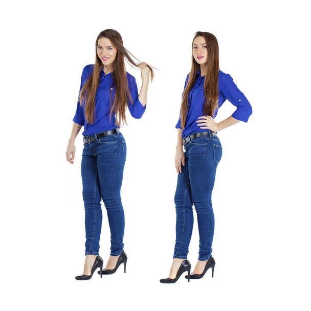 Collage, Full length portrait of a beautiful women in blue jeans and shir - Foto, Bild