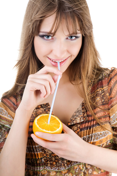 Advertising picture of beautiful woman with orange - Foto, afbeelding