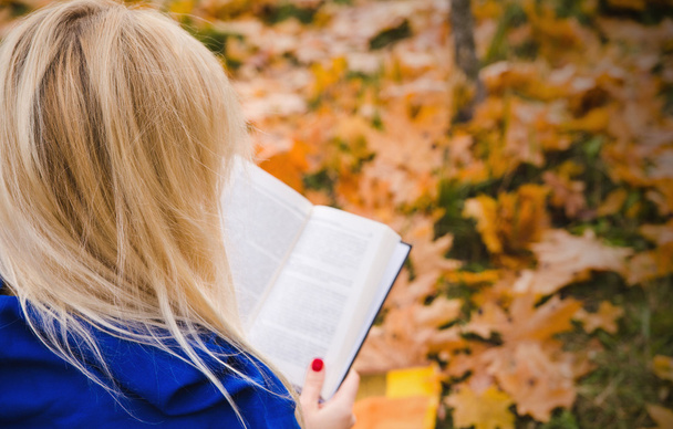 Blondine liest im Herbstpark ein Buch. - Foto, Bild