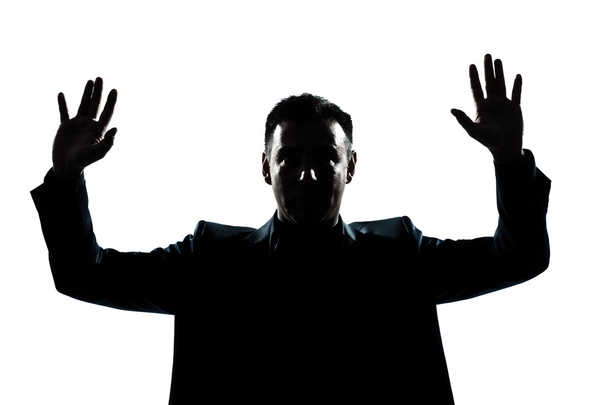 Silhouette man portrait hands up - Foto, Imagen