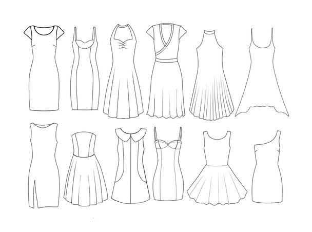 Conjunto de plantillas planas de moda Bocetos - Vestidos de mujer - longitud corta y media
 - Foto, Imagen