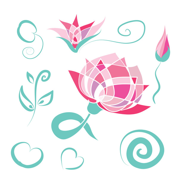 Lotus floral set - pink lotus flowers, turquoise branches, leaves, swirls. Abstract lotus. Hand drawn vector elements for spa logo design, banner, invitation, card. Isolated on white. Eps 10. - Vektör, Görsel