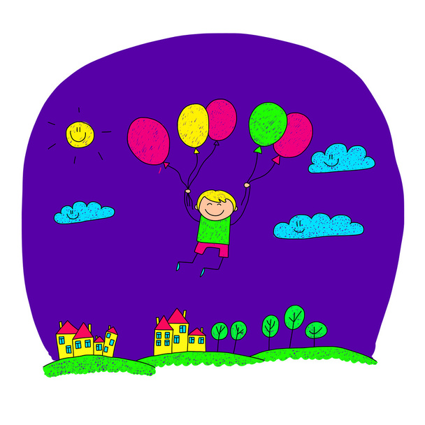 Menino dos desenhos animados voar em balões de ar quente
. - Vetor, Imagem
