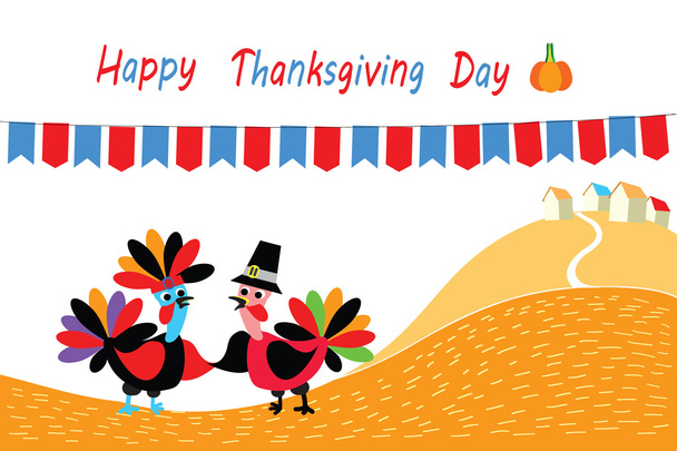 Happy Thanksgivings  vector illustration - two cartoon of turkey bird as native american and pilgrim shake hands (wings). Orange autumn hill, village and flags on background. Flat greeting card. - Vektor, obrázek