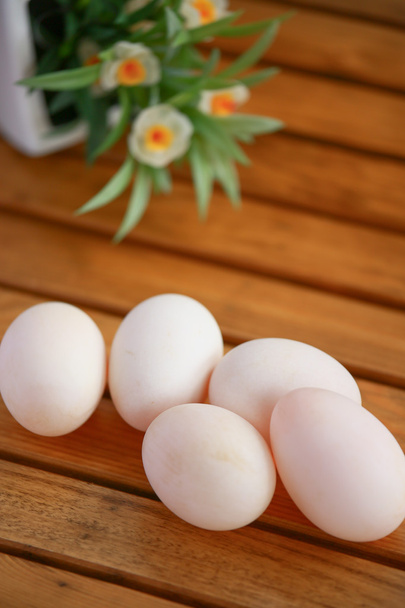 eieren in nest op de natuur, verse eieren voor koken of grondstoffen, verse eieren achtergrond. - Foto, afbeelding