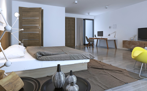 Camera da letto contemporanea con mobili marroni
 - Foto, immagini