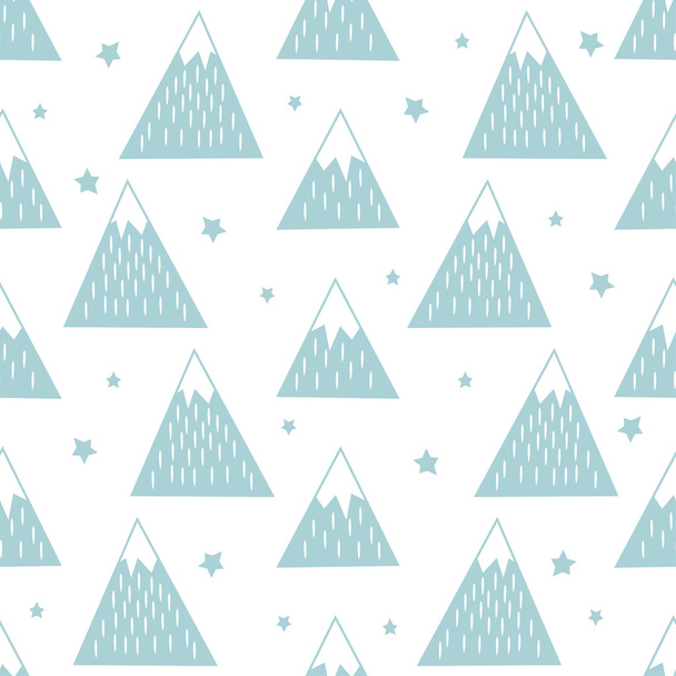 幾何学的な雪山と星とのシームレスなパターン. - ベクター画像