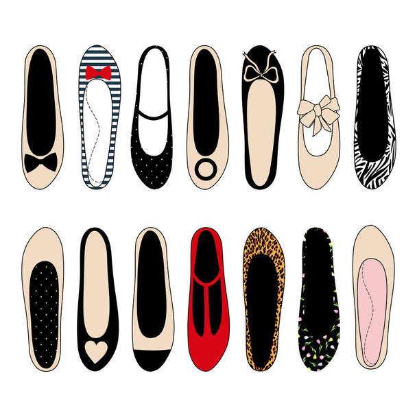 Ballerina shoes set illustration. Varied fashion shoes design collection. Stylish vector illustration - Vector, Image